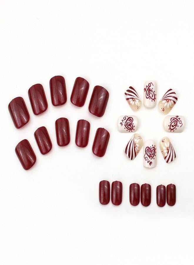 NBNTGH Red Press on Nails Chrome Nail Press ons Short Square Glue on Nail Heart Fake Nails Glossy Full Cover for Women Girls Manicure 24Pcs - Image 4